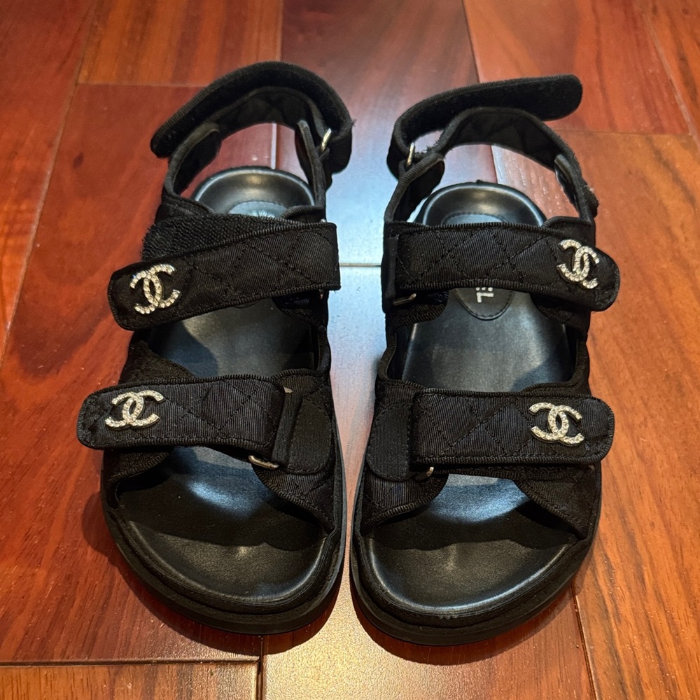 CHANEL Black Quilted Sandals with Silver Accents